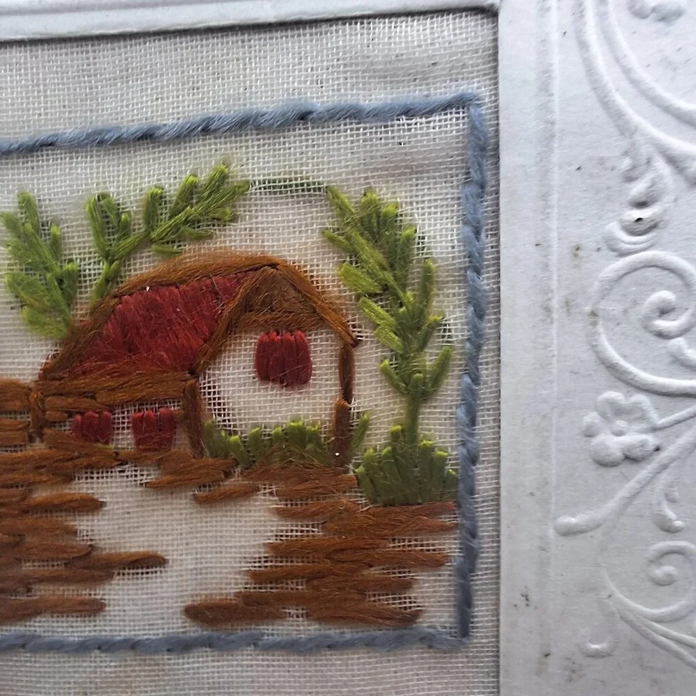 Vintage PR Bonne Année Embroidered Postcard Cottage Pinecones Embossed Frame Fra